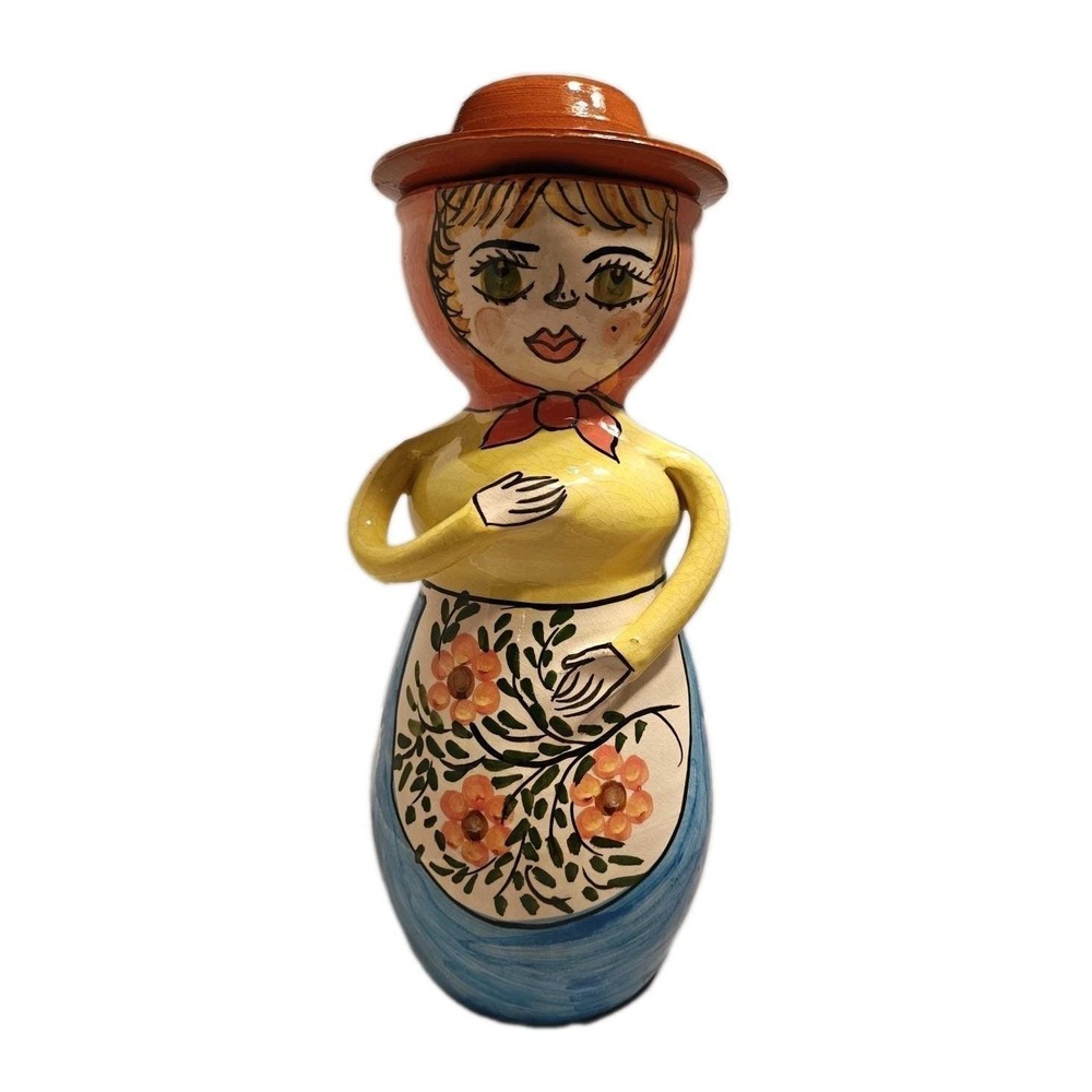 Vintage Portugal Folk Art Clay Woman‎ Pitcher with Hat Lid Hand Painted 12in